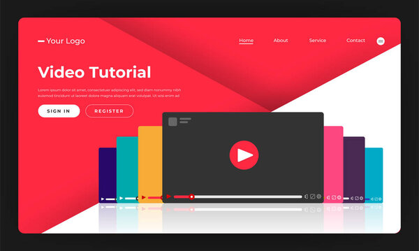 Mock-up design website flat design concept video tutorial.  Vector illustration.