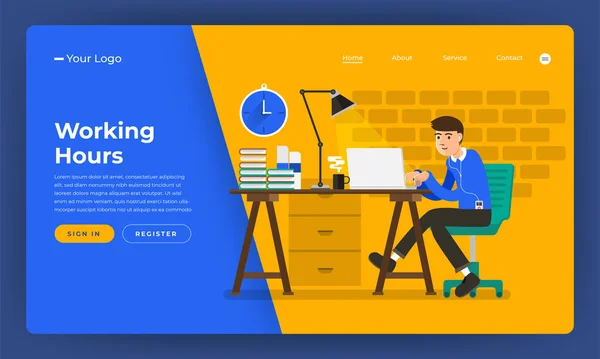 Mock Tasarım Web Sitesi Düz Tasarım Kavramı Çalışma Saat Çalışan — Stok Vektör
