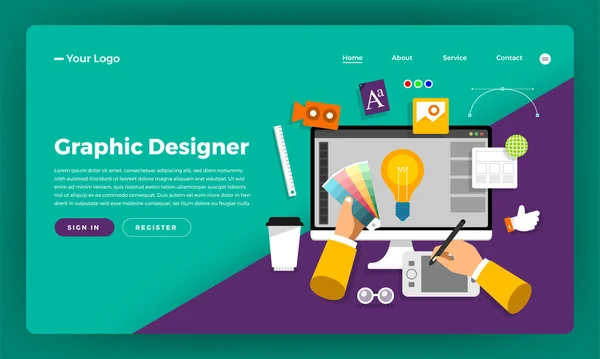 Mock Design Website Flaches Design Konzept Grafiker Vektorillustration — Stockvektor