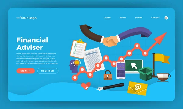 Mock Ontwerp Website Plat Ontwerp Concept Digitale Marketing Financieel Adviseur — Stockvector