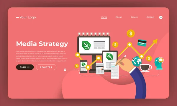 Diseño Simulado Sitio Web Concepto Diseño Plano Marketing Digital Estrategia — Vector de stock