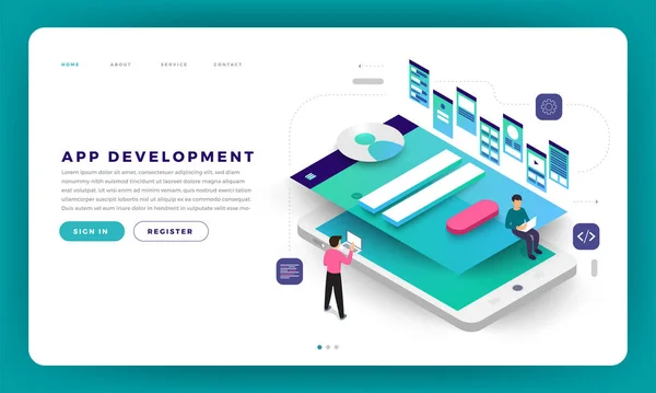 Diseño Simulado Sitio Web Diseño Plano Concepto Desarrollo Aplicaciones Con — Vector de stock