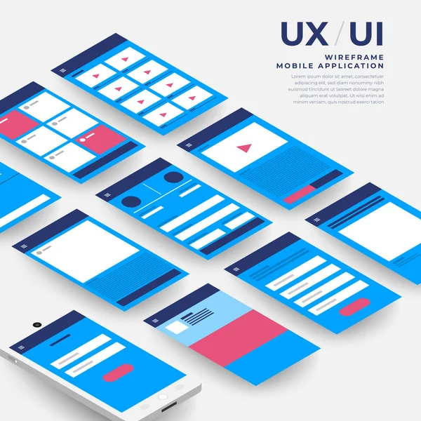 Diagramme Flux Concept Application Mobile Maquettes Design Plat Isométrique Illustration — Image vectorielle