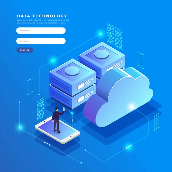 Isometric Flat Design Concept Cloud Technologie Transfert Stockage Données Connecter — Image vectorielle