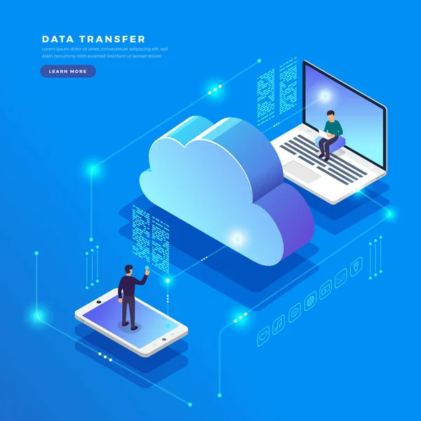 Concepto Diseño Plano Isométrico Tecnología Nube Transferencia Almacenamiento Datos Conectando — Vector de stock