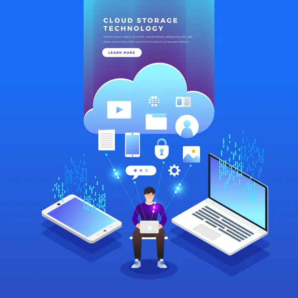 Isometric Flat Design Concept Cloud Technologie Transfert Stockage Données Connecter — Image vectorielle