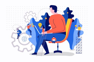 Birlikte başarı yaratıcı bir fikir reklam oluşturmak için çalışan illüstrasyonlar düz tasarım kavramı ekip çalışması küçük insanlar iş adamı. Vektör göstermek.