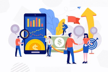 Birlikte başarı iş oluşturmak için çalışan illüstrasyonlar düz tasarım kavramı ekip çalışması küçük insanlar iş adamı. Vektör göstermek.