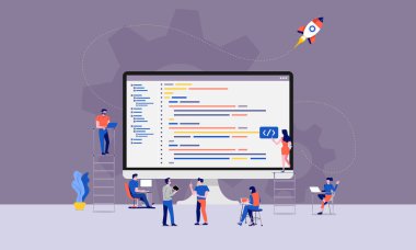 İllüstrasyonlar ile birlikte çalışan geliştirici veya programcı geliştirme kodu ve Web sitesi Toplom masaüstü mobil cihaz tasarım. Vektör göstermek.