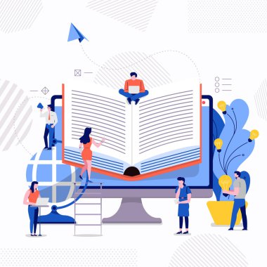 İllüstrasyonlar ekip çalışması oluşturmak e-öğrenme Okulu kavram tasarlayın. Vektör göstermek.