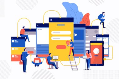 İllüstrasyonlar tasarım tel kafes Ux bina concpt ekip çalışması / UI mobil Web uygulaması aracılığıyla küçük insanlar buisnessman. Vektör göstermek.