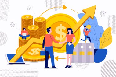 İllüstrasyonlar kavramı yaratıcı finansal büyüme para yatırım başarılı takım iş erkek ve kadın el sıkışma ile tasarlayın. Vektör göstermek.