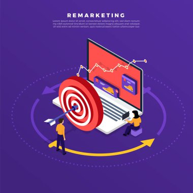 Yeniden hedefleme veya yeniden pazarlama, dijital pazarlama kavramı izometrik düz tasarım. online afiş reklam ağı. Vektör çizimler.