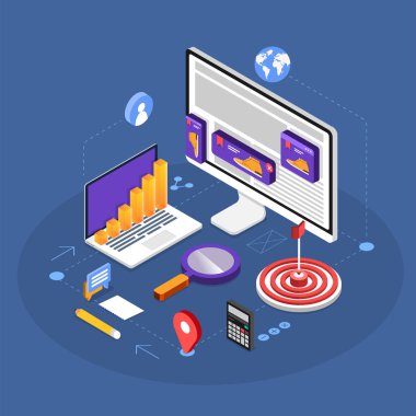 Yeniden hedefleme veya yeniden pazarlama, dijital pazarlama kavramı izometrik düz tasarım. online afiş reklam ağı. Vektör çizimler.