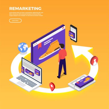 Isometric flat design concept digital marketing retargeting or remarketing. online banner ad network. Vector illustrations. clipart