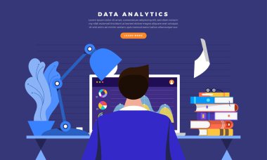 Konsept Tasarım işadamı çözümleme verisi çalışma masası üzerinde grafik grafik ile monitör bak. Vektör çizimler.