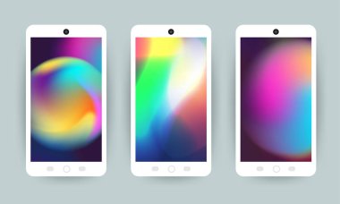 Vektör tasarım kavramı mobil ekran duvar kağıdı holografik sıvı parlak degrade arka plan ayarlayın. Vektör çizimler.