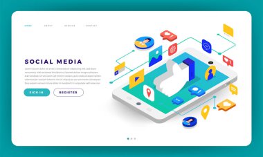 Mock-up tasarım Web sitesi düz tasarım kavramı sosyal medya mobil uygulama. İzometrik vektör çizim.