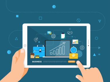 İllüstrasyonlar tablet online ders iş el tıklatmayla e-öğrenme concpt tasarım. Vektör göstermek.