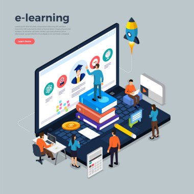 Düz tasarım kavramı insanların eğitim online bilgi witgh e-öğrenme programı. Vektör çizimler.