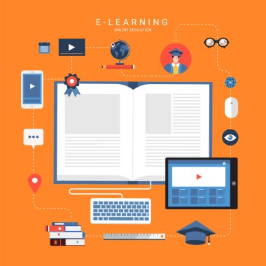 Düz tasarım kavramı insanların eğitim online bilgi witgh e-öğrenme programı. Vektör çizimler.
