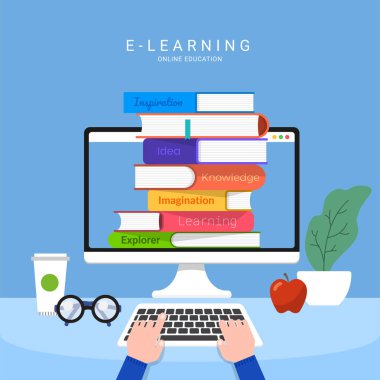 Düz tasarım kavramı insanların eğitim online bilgi witgh e-öğrenme programı. Vektör çizimler.