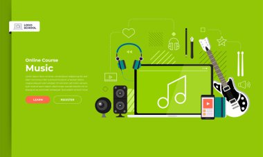 Mockup tasarım sayfa web sitesi eğitim online ders müzik açılış. Vektörel çizimler. Düz tasarım öğesi.