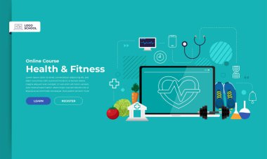 Açılış sayfası Web sitesi eğitim online ders sağlıklı ve fitness mockup tasarım. Vektörel çizimler. Düz tasarım öğesi.