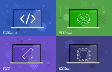 Düz tasarım öğesi ve simgeler kavramı eğitim online ders afiş kümesi. Vektör çizimler.