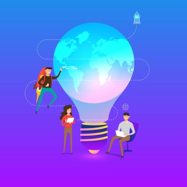 Flat design concept Innovative ideas are presented by combining light bulbs with the globe to convey creativity, change the world and rocket. Vector illustrations. clipart