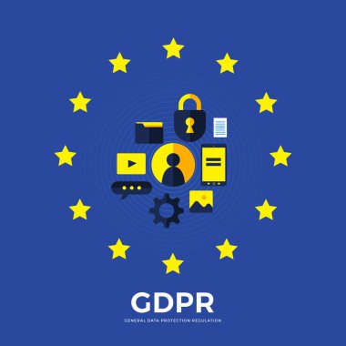 Düz tasarım kavramı Avrupa Politikası teknolojisi Gdpr. genel veri koruma hükümlerine. Vektör çizimler.