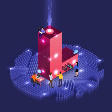 İş kavramı ekip çalışması halkların geliştirme izometrik alfabe türü çalışma. Kalın şirket adı L. vektör çizimler Tasarla.