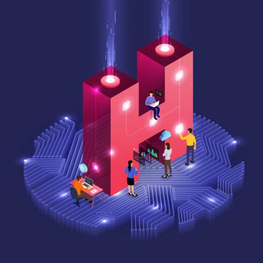 İş kavramı ekip çalışması halkların geliştirme izometrik alfabe türü çalışma. Kalın şirket adı H. vektör çizimler Tasarla.