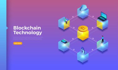Düz tasarım konsepti blockchain ve cryptocurrency teknoloji. Kompozisyon düzeni tasarım Web sitesi afiş için. İzometrik vektör çizim.