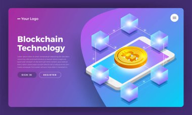 Düz tasarım konsepti blockchain ve cryptocurrency teknoloji. Kompozisyon düzeni tasarım Web sitesi afiş için. İzometrik vektör çizim.