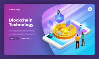 Düz tasarım konsepti blockchain ve cryptocurrency teknoloji. Kompozisyon düzeni tasarım Web sitesi afiş için. İzometrik vektör çizim.