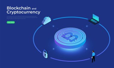 Düz tasarım konsepti blockchain ve cryptocurrency teknoloji. Kompozisyon düzeni tasarım Web sitesi afiş için. İzometrik vektör çizim.