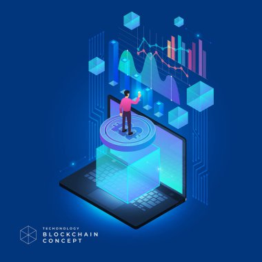 Düz tasarım konsepti blockchain ve cryptocurrency teknoloji. Kompozisyon düzeni tasarım Web sitesi afiş için. İzometrik vektör çizim.