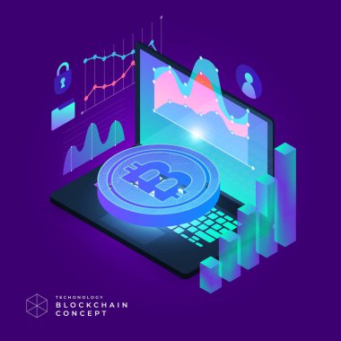 Düz tasarım konsepti blockchain ve cryptocurrency teknoloji. Kompozisyon düzeni tasarım Web sitesi afiş için. İzometrik vektör çizim.