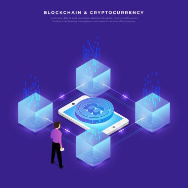 Düz tasarım konsepti blockchain ve cryptocurrency teknoloji. Kompozisyon düzeni tasarım Web sitesi afiş için. İzometrik vektör çizim.