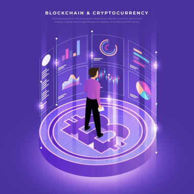 Düz tasarım konsepti blockchain ve cryptocurrency teknoloji. Kompozisyon düzeni tasarım Web sitesi afiş için. İzometrik vektör çizim.