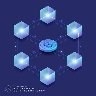 Düz tasarım konsepti blockchain ve cryptocurrency teknoloji. Kompozisyon düzeni tasarım Web sitesi afiş için. İzometrik vektör çizim.