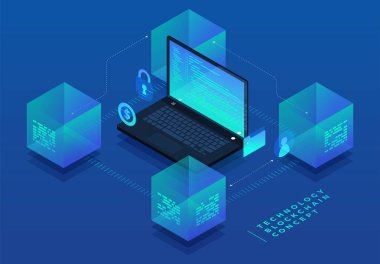 Düz tasarım konsepti blockchain ve cryptocurrency teknoloji. Kompozisyon düzeni tasarım Web sitesi afiş için. İzometrik vektör çizim.