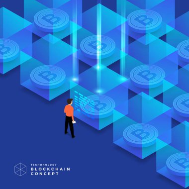 Düz tasarım konsepti blockchain ve cryptocurrency teknoloji. Kompozisyon düzeni tasarım Web sitesi afiş için. İzometrik vektör çizim.