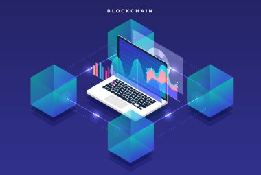 Düz tasarım konsepti blockchain ve cryptocurrency teknoloji. Kompozisyon düzeni tasarım Web sitesi afiş için. İzometrik vektör çizim.