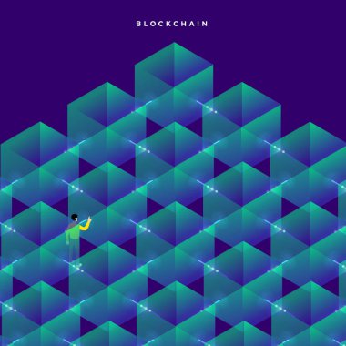 Düz tasarım konsepti blockchain. Güvenlik dijital para. Vektörel çizimler. İzometrik kutusu ve çizgi.