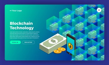 Mock-up tasarım Web sitesi düz tasarım konsepti blockchain ve cryptocurrency. Vektör çizim.