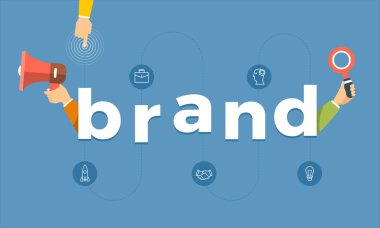 Düz tasarım kavramı el sembol simge ve kelimeler marka oluşturmak. Vektör çizimler.