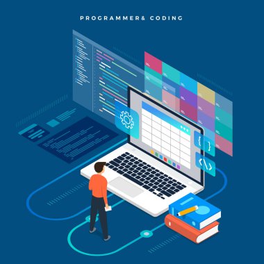 İzometrik düz tasarım kavramı programcı ve kodlama. Vektör çizim. Web sitesi düzeni tasarımı.