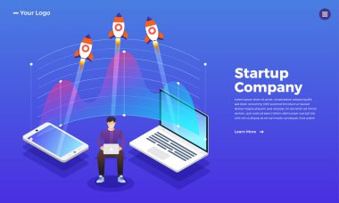 Mock-up tasarım Web sitesi düz tasarım konsepti stratup roket yükselişi bilgisayar. Vektör çizim.
